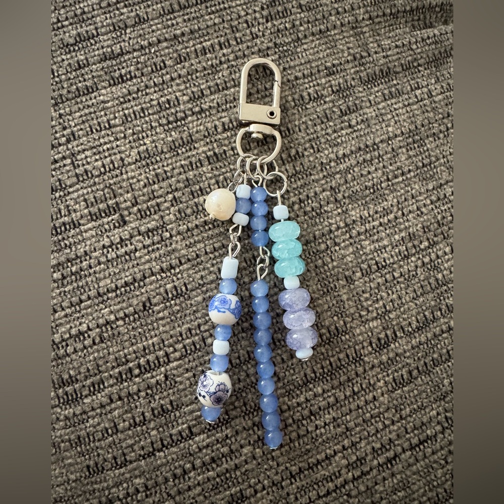 Periwinkle Blue Floral Handmade Beaded Bag Charm Keychain